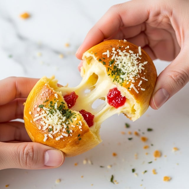 A close-up image shows a small round pastry being pulled apart by a woman's hand from the right and a woman's hand from the left. The pastry has a golden-brown crust with a soft, doughy inside. It is topped with small green herb flakes and white grated cheese. Inside the pastry, there is a visible layer of melted creamy cheese and a few bright red pieces of what looks like dried fruit or jam. The background is a white marbled surface with some crumbs scattered around. photo taken with an iphone --ar 4:5 --v 7