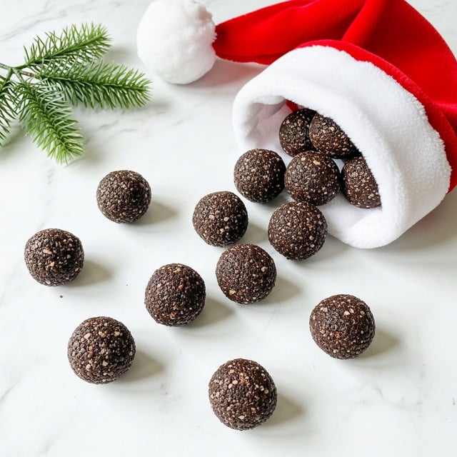 The image shows small, round dark brown truffle-like treats with a rough crumbly texture, scattered on a white marbled surface. The treats vary slightly in size and shape, appearing dense and coated with fine dark crumbs. A Santa hat with fluffy white trim and a bright red body is tipped over in the upper right corner, with several of these treats spilling out from its opening. A small sprig of green evergreen leaves lies in the upper left corner, adding a festive touch to the scene. Photo taken with an iphone --ar 4:5 --v 7