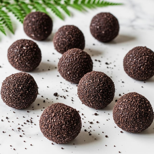 Dark brown chocolate cake balls are spread over a white marbled surface, each shaped irregularly with a rough crumb coating. The cake balls have a textured, grainy outer layer that looks soft and moist underneath. Some crumbs are scattered around, adding detail to the scene. In the background, green fern leaves peek in from the top left corner, giving a fresh touch to the image. photo taken with an iphone --ar 4:5 --v 7