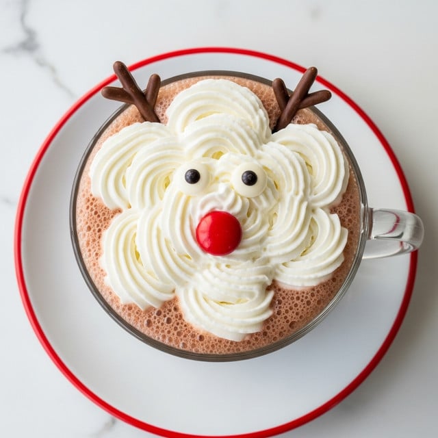 A clear glass cup filled with frothy hot chocolate sits on a white plate with a bright red rim. The hot chocolate is a rich brown color with a light layer of tiny bubbles on top. A thick, fluffy swirl of white whipped cream covers the top, shaped like a flower with soft, curving petals forming multiple layers. Two small chocolate sticks poke out from the whipped cream, one on each side near the top, resembling antlers. Two small white candy pieces with black centers are placed on the whipped cream, forming eyes, and a single round red candy is centered below them, looking like a nose. The whole setup is placed on a white marbled surface. photo taken with an iphone --ar 4:5 --v 7