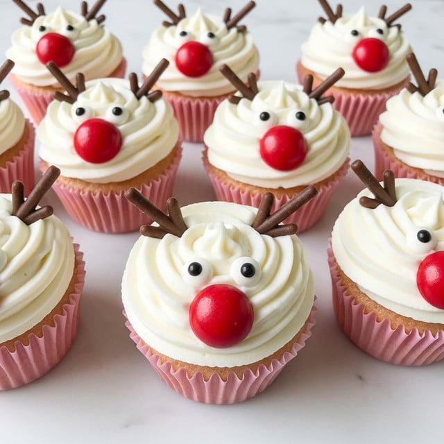 The image shows a group of small cupcakes arranged close together on a white marbled surface. Each cupcake has one base layer inside a light pink paper cup with soft ridges. On top, there is a thick swirl of smooth, white cream, piped neatly in circular layers. Each cupcake is decorated to look like a reindeer face, with two small black candy eyes near the top, a large shiny red candy nose in the center, and two small brown chocolate sticks placed as antlers, sticking out at angles from the cream. The colors are soft and festive, with the white cream, red noses, and brown antlers standing out clearly. photo taken with an iphone --ar 4:5 --v 7