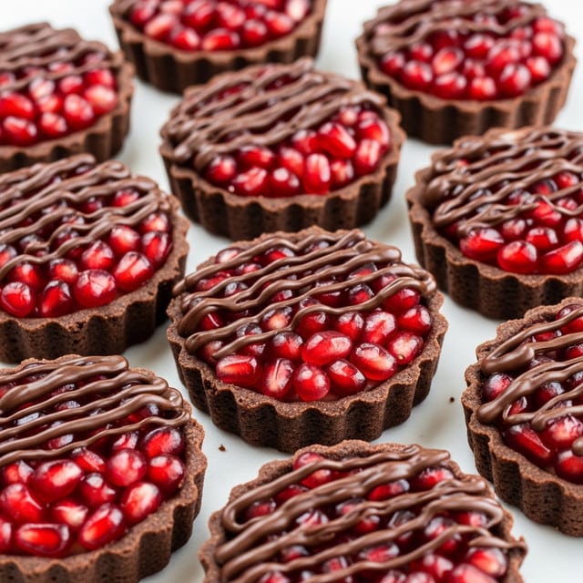 A group of small round chocolate tartlets arranged closely on a white marbled surface, each tartlet showing three distinct layers: a dark brown chocolate crust base, a middle layer filled with glossy, bright red pomegranate seeds that shine with freshness, and a top layer of dark chocolate drizzle applied in irregular thin stripes, giving a textured and rich look. The tartlets have fluted edges, and the lighting highlights the shiny, juicy seeds and smooth chocolate drizzle. Photo taken with an iphone --ar 4:5 --v 7
