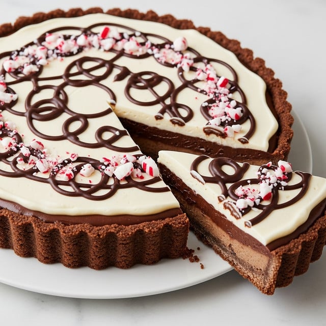 A round tart with three visible layers starting from the bottom, a dark brown crust with a slightly rough texture and scalloped edges, followed by a smooth, dark chocolate filling in the middle, and topped with a creamy white layer decorated with random swirls of dark chocolate in a loose, looping pattern. On top of the swirls are small pieces of crushed peppermint candy with white and red stripes. One slice is cut and slightly separated from the tart, showing the layers clearly. The tart is on a white plate, placed on a white marbled surface. Photo taken with an iphone --ar 4:5 --v 7