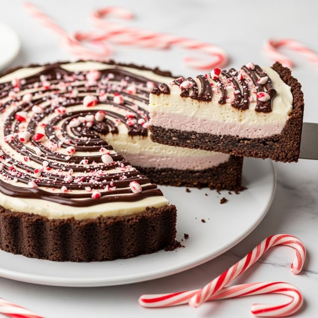 The image shows a slice being lifted from a round tart with three visible layers: a thick, dark brown crumbly crust on the bottom and sides, a smooth, creamy white middle layer, and a dark chocolate drizzle swirled on top. The top of the tart is also covered with small pieces of crushed red and white peppermint candy. The tart sits on a white plate, placed on a white marbled surface with candy canes around it. Photo taken with an iphone --ar 4:5 --v 7