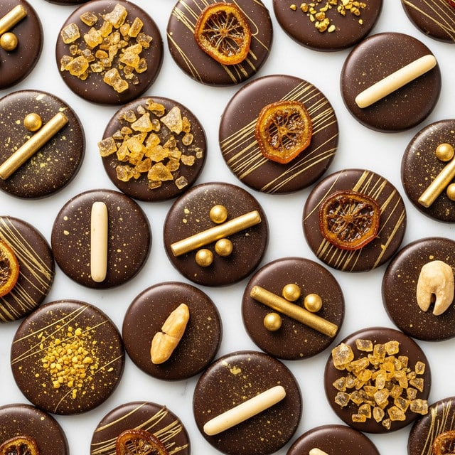 The image shows many round dark chocolate discs placed closely together on a white marbled surface, each with a smooth, glossy texture. Some discs have a single cream-colored nut slice on top, positioned across the center, while others are decorated with small golden rods and round golden balls scattered across them. A few discs feature clusters of translucent golden sugar crystals and thin, shiny amber-colored candied fruit slices resting on their tops. Several discs are coated with a fine layer of edible gold powder, with patterns that look like faint brush strokes and speckles. The arrangement highlights the contrast between the dark chocolate, bright golden toppings, and rich amber accents, giving a luxurious feel. photo taken with an iphone --ar 4:5 --v 7