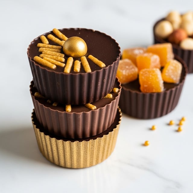The image shows a stack of four round chocolate cups on a white marbled surface. The bottom cup has a shiny, golden-brown textured layer, and above it are two rich, dark chocolate cups with a slightly matte finish. The top chocolate cup is dark and shiny, decorated with small golden crunchy stick-like pieces and a single round golden ball in the center. To the right of the stack, there is a dark chocolate cup filled with translucent orange candied slices and another cup partially visible with light-colored nuts inside. Small golden sprinkles are scattered around the cups. Photo taken with an iphone --ar 4:5 --v 7