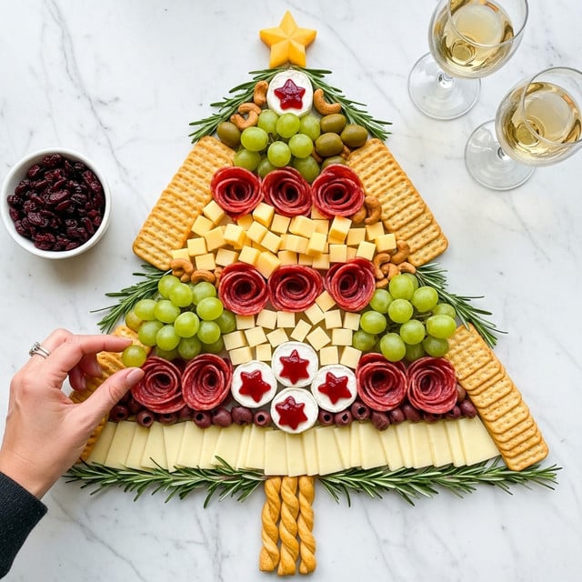 The image shows a festive charcuterie board shaped like a Christmas tree on a white marbled surface. The base layer has green rosemary sprigs outlining the tree shape. On top are cream-colored cheese slices fanned out at the edges, clusters of green grapes placed in three spots, and cube-shaped pale yellow cheese scattered around the center. There are folded pink prosciutto slices and rolled salami forming rose shapes spread evenly across the board. Light brown crackers with a ridged edge fill much of the background, while small chunks of cashews and green olives are tucked in between. Round, white goat cheese rounds each have a red star-shaped jam decoration on top clustered near the center and edges. The tree trunk is made from twisted golden breadsticks. A woman's hand picks up a grape from the lower left. Nearby is a small white bowl of dark red dried cranberries and two wine glasses, all on the white marbled surface. photo taken with an iphone --ar 4:5 --v 7