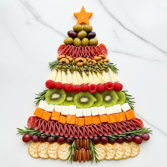 A food arrangement shaped like a Christmas tree sits on a white marbled surface. The tree has nine layers: at the top is a yellow cheese star, under it a small pile of green olives forms the tree’s peak. Below the olives is a layer of round red salami slices, followed by a narrow row of mixed nuts and green pumpkin seeds. The middle layers alternate with light yellow triangular cheese slices, bright red raspberries, and green kiwi slices. Below that, more round slices of spicy red salami cover a layer of white cheese cubes, then a spiky layer of pale yellow triangular cheese slices creates a pointed look. The tree trunk is made of a pile of brown pecans. At the tree’s base, bunches of green and red grapes hang down with green rosemary sprigs, and a row of round white crackers forms the ground beneath the tree. Photo taken with an iphone --ar 4:5 --v 7