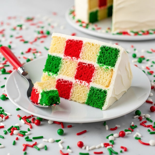 A slice of checkerboard cake with three vertical columns and three horizontal rows, creating nine square cake pieces in total, each square alternating between red, white, and green colors. The cake is covered in smooth white frosting, with thin layers separating the colored squares. The cake slice sits on a white plate surrounded by red, green, and white round and stick sprinkles scattered on a white marbled surface. A metal fork with a red handle is holding a small piece of green cake on the left side of the plate. Photo taken with an iphone --ar 4:5 --v 7
