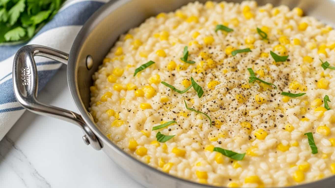 A close-up view of a creamy corn risotto in a shiny silver pan with two handles. The risotto has a soft, slightly thick texture with visible grains of rice and yellow corn kernels mixed evenly throughout. Small green herb pieces are sprinkled on top, along with cracked black pepper, adding color contrast. The pan sits on a white marbled surface with a blue and white striped cloth and some fresh green herbs partially visible in the background. photo taken with an iphone --ar 4:5 --v 7