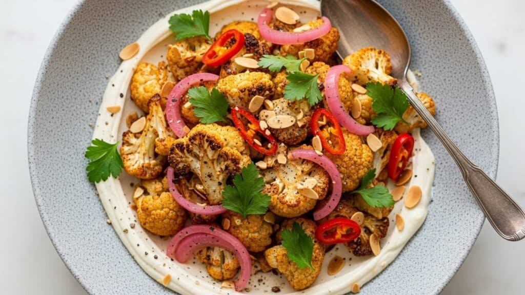 Crispy Roasted Cauliflower with Yogurt Tahini Sauce and Pickled Onions Recipe
