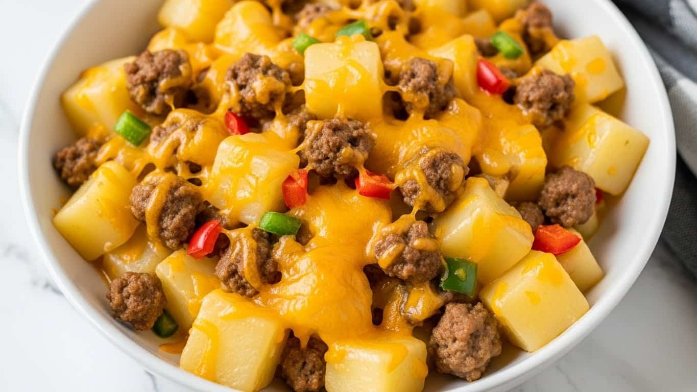 The dish is a creamy mix served in a white bowl, filled with soft, diced potatoes that are pale yellow with smooth edges. Scattered evenly throughout are small bits of cooked ground meat with a brown, crumbly texture. Mixed in are tiny pieces of red and green bell peppers adding small pops of bright color. The whole dish is coated in a rich, melted layer of cheddar cheese that is golden orange and slightly browned in spots, giving a glossy, gooey appearance. The bowl sits on a white marbled surface, with a cozy cloth partially visible nearby. Photo taken with an iphone --ar 4:5 --v 7