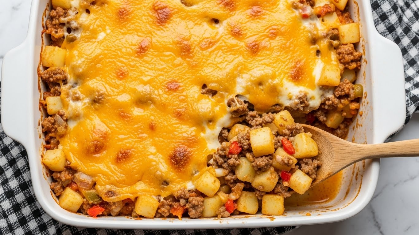 This image shows a white casserole dish filled with a baked layered taco casserole. The top layer is golden melted cheddar cheese with a slightly bubbly texture and small spots of browning. Beneath the cheese is a creamy, chunky mixture of small diced pale yellow potatoes, browned ground beef, and bits of red and green bell peppers mixed in a light sauce. A wooden spoon scoops out a portion from the bottom right corner, revealing the creamy layers of potatoes and beef underneath the cheese. The dish sits on a black and white checkered cloth over a white marbled surface. photo taken with an iphone --ar 4:5 --v 7
