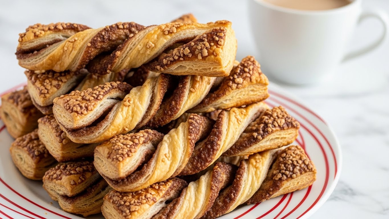 The image shows a white round plate decorated with small red stars and red sea coral and house shapes. On the plate, there are five twisted puff pastries with a golden-brown color and visible cinnamon spice stripes rolled inside. The twists have a flaky texture with some darker caramelized spots, and they are layered closely together, filling most of the plate's center. The plate sits on a soft gray cloth over a white marbled surface with part of a small white bowl filled with cinnamon sugar visible at the lower left corner. photo taken with an iphone --ar 4:5 --v 7