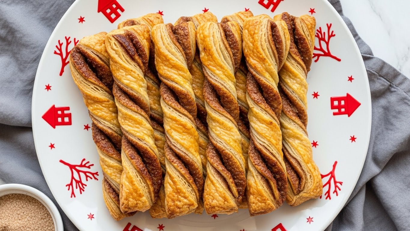 A pile of golden brown cinnamon twists is stacked on a white plate with red swirly designs, showing multiple layers of flaky dough twisted with dark brown cinnamon sugar filling. The twists have a crispy, slightly shiny surface with a crunchy texture visible. In the background, there is a white cup filled with a light brown drink, placed on a white marbled surface. photo taken with an iphone --ar 4:5 --v 7