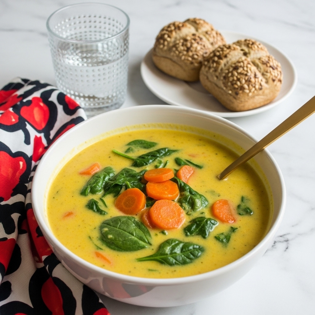 A white bowl filled with thick yellow lentil soup that includes green spinach leaves and small pieces of tomato, topped with cracked black pepper and some coarse salt in the center. A wooden spoon rests inside on the right side of the bowl. To the left, there is a white plate holding a round bread roll covered with oats and sunflower seeds. Above the soup, there is a clear glass filled with water, and in the top right corner, vibrant green leaves of a plant add a fresh touch. The whole scene is set on a white marbled surface. Photo taken with an iphone --ar 4:5 --v 7