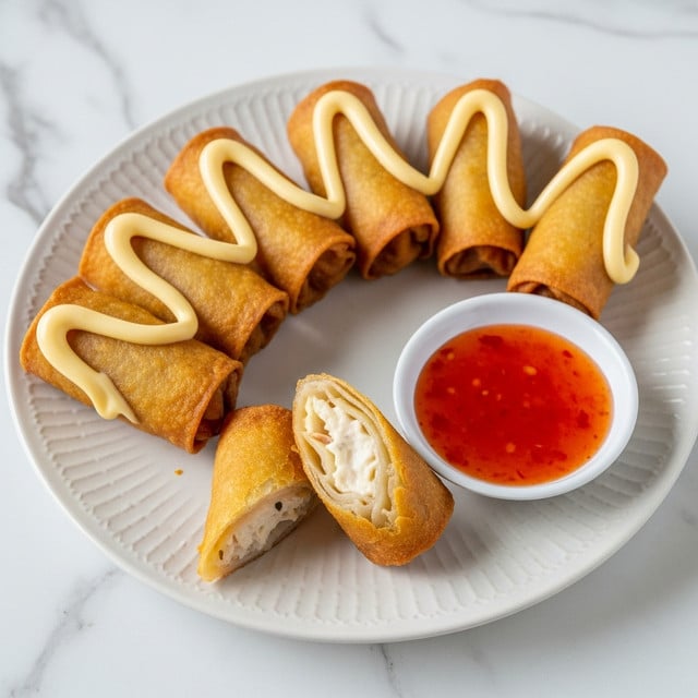 The image shows five golden brown spring rolls arranged in a slight curve on a white plate with a soft pattern. Each spring roll has a crispy texture and is drizzled with smooth, pale yellow mayonnaise in a wave pattern across the top. One spring roll is cut open to reveal a white creamy filling inside. In the bottom right of the plate is a small white sauce container filled with red sweet chili sauce. The plate is set on a white marbled surface. photo taken with an iphone --ar 4:5 --v 7