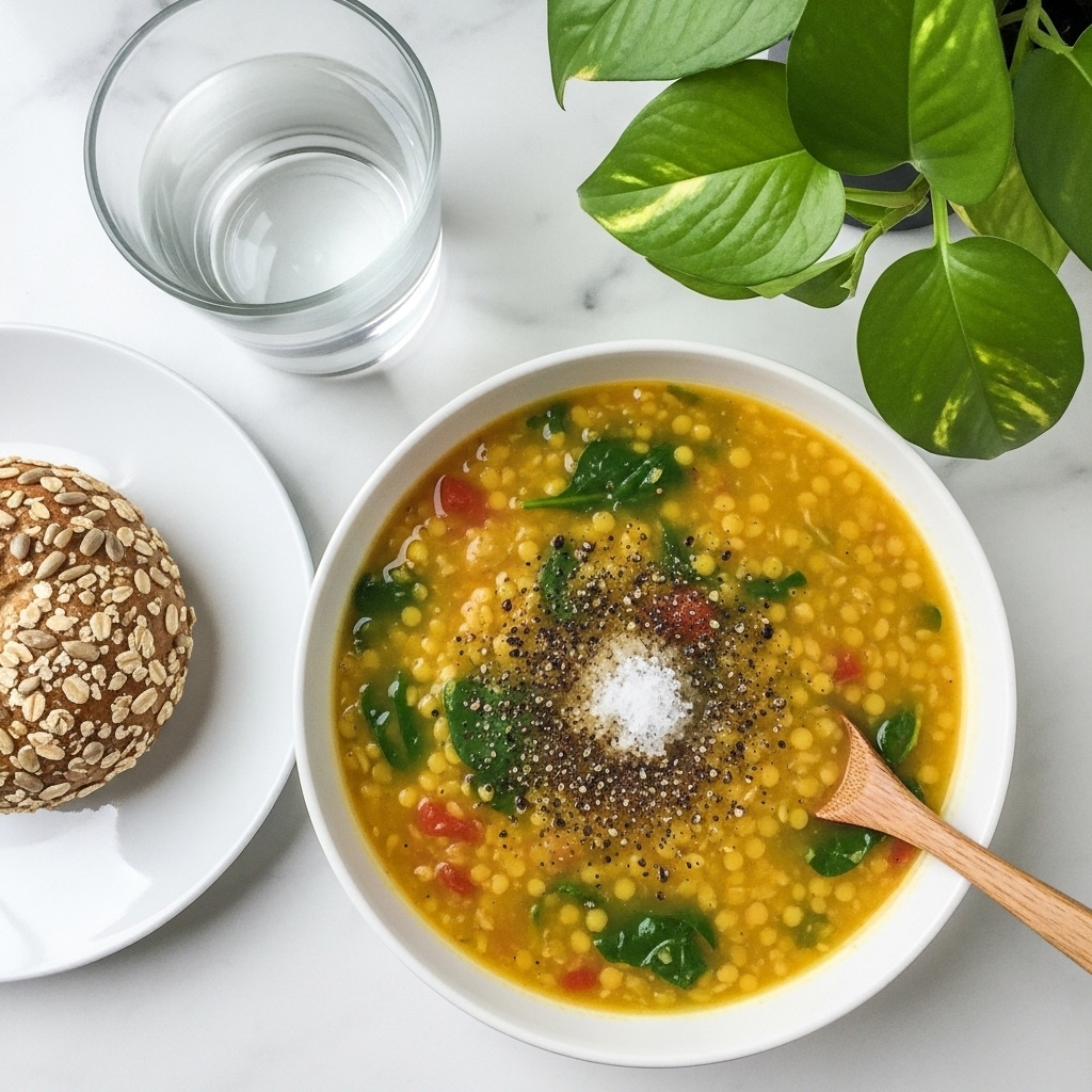 A white bowl filled with thick yellow soup that has visible orange carrot pieces and dark green spinach leaves mixed in, with a gold spoon resting inside the bowl on the right side; the bowl sits on a white marbled surface with a colorful cloth featuring red and black abstract floral patterns draped beside it, a clear textured glass of water and a small white plate with two round seeded bread rolls are placed in the soft-focused background. photo taken with an iphone --ar 4:5 --v 7