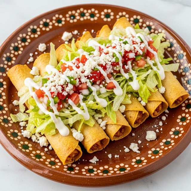 A rustic brown clay plate with white and dark green dot patterns is filled with a neat stack of seven golden, crispy rolled taquitos arranged horizontally. On top, there is a layer of light green shredded lettuce with a creamy white sauce drizzled over it, followed by a fresh, colorful pico de gallo mix of finely chopped red tomatoes, white onions, and small bits of green peppers scattered across. The taquitos peek out from under the toppings, showing their crunchy texture. White crumbly cheese is sprinkled generously on top and around the edges of the plate, all placed on a white marbled surface. Photo taken with an iphone --ar 4:5 --v 7