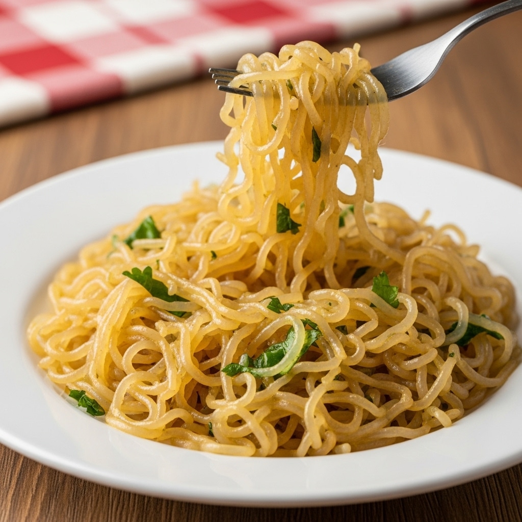 A white plate filled with one main layer of thin, translucent noodles, mixed lightly with small bits of green herbs and a yellowish sauce that gives the noodles a glossy look. Over the plate, a fork lifts a small bundle of the noodles, showing their soft, springy texture. The plate is set on a wooden table with a red and white checkered cloth blurred in the background. Photo taken with an iphone --ar 4:5 --v 7