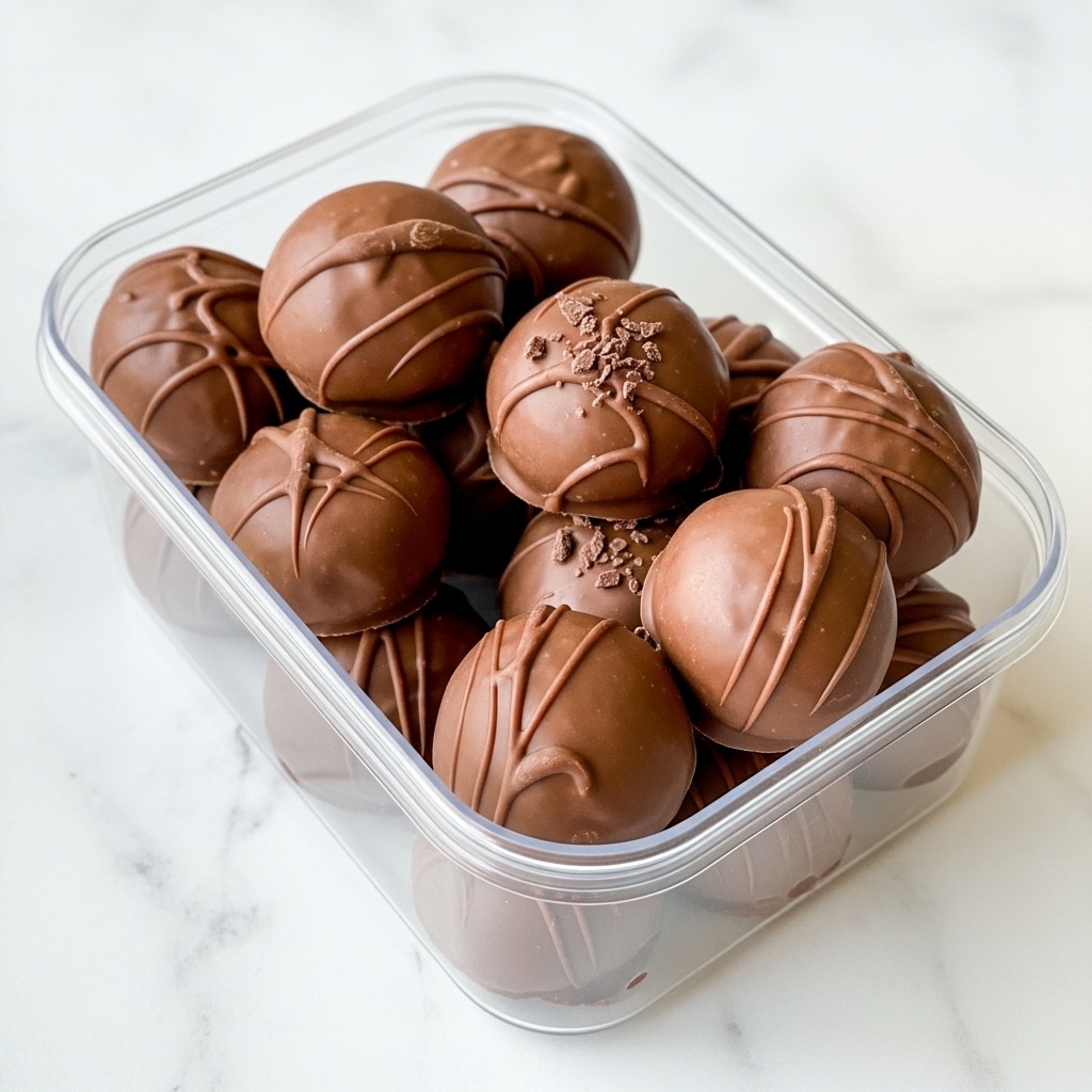 The image shows a clear, rectangular plastic container filled with a group of round chocolate-covered treats. Each piece is coated in smooth milk chocolate with slight folds and small imperfections in the texture, giving a homemade feel. The chocolates are piled on top of each other, with some displaying minor cracks and chocolate flakes on the surface. The container sits on a surface with a white marbled texture, adding a clean and light background to the rich brown of the chocolates. photo taken with an iphone --ar 4:5 --v 7