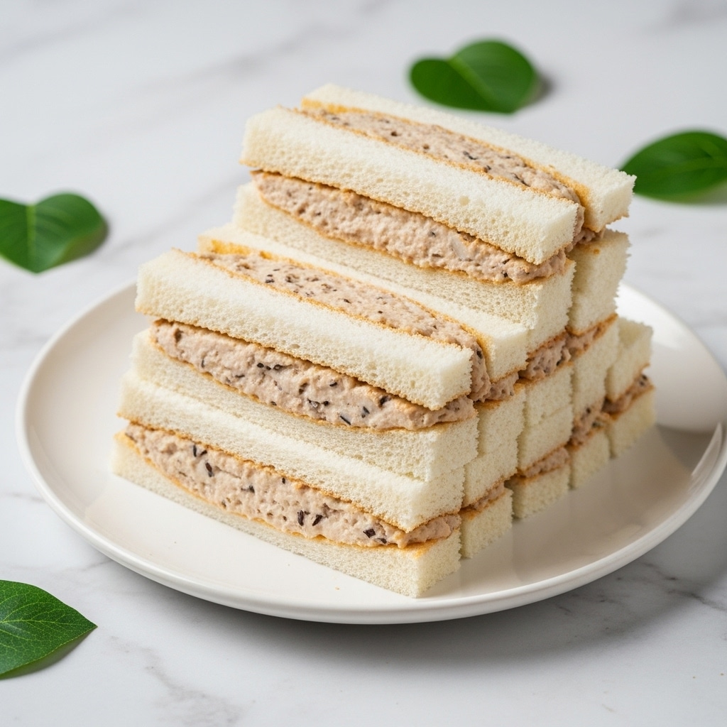The image shows a stack of six rectangular club sandwiches with the crusts removed, arranged upright on a white plate. Each sandwich has two visible layers of soft, light brown filling, separated by three thin layers of white bread. The filling appears creamy with small dark specks, suggesting a smooth texture. The plate is set on a white marbled surface with a few green leaves scattered in the background for decoration. The lighting is soft, highlighting the sandwiches' fluffy texture. Photo taken with an iphone --ar 4:5 --v 7