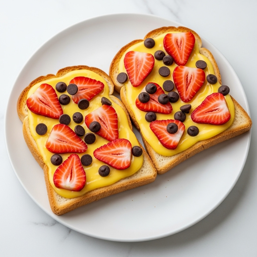 Two thick slices of toasted white bread rest on a smooth white plate placed on a white marbled surface. Each slice has a layer of bright yellow custard spread evenly across the top, creating a glossy and creamy texture. On the custard, there are several fresh strawberry slices arranged in a scattered pattern, their red and white tones contrasting vividly with the yellow base. Small, round dark chocolate chips are sprinkled across the custard and strawberries, adding pops of dark brown color and a smooth, slightly shiny texture. The edges of the toasted bread are golden brown and crisp, framing the colorful toppings. Photo taken with an iphone --ar 4:5 --v 7