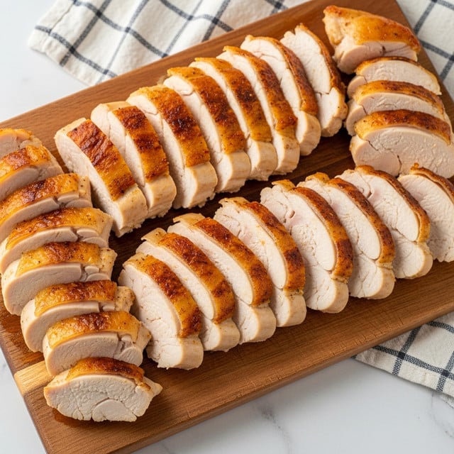 This image shows a wooden cutting board placed on a white marbled surface with a light-colored checked cloth on the top right corner. On the cutting board, there are many slices of cooked chicken arranged closely together. The chicken pieces vary in size and thickness with a golden brown outside and a light pinkish-white inside, showing a juicy texture. The slices are piled mostly in the center of the board, slightly spreading out, and showing skin with a crispy look. photo taken with an iphone --ar 4:5 --v 7