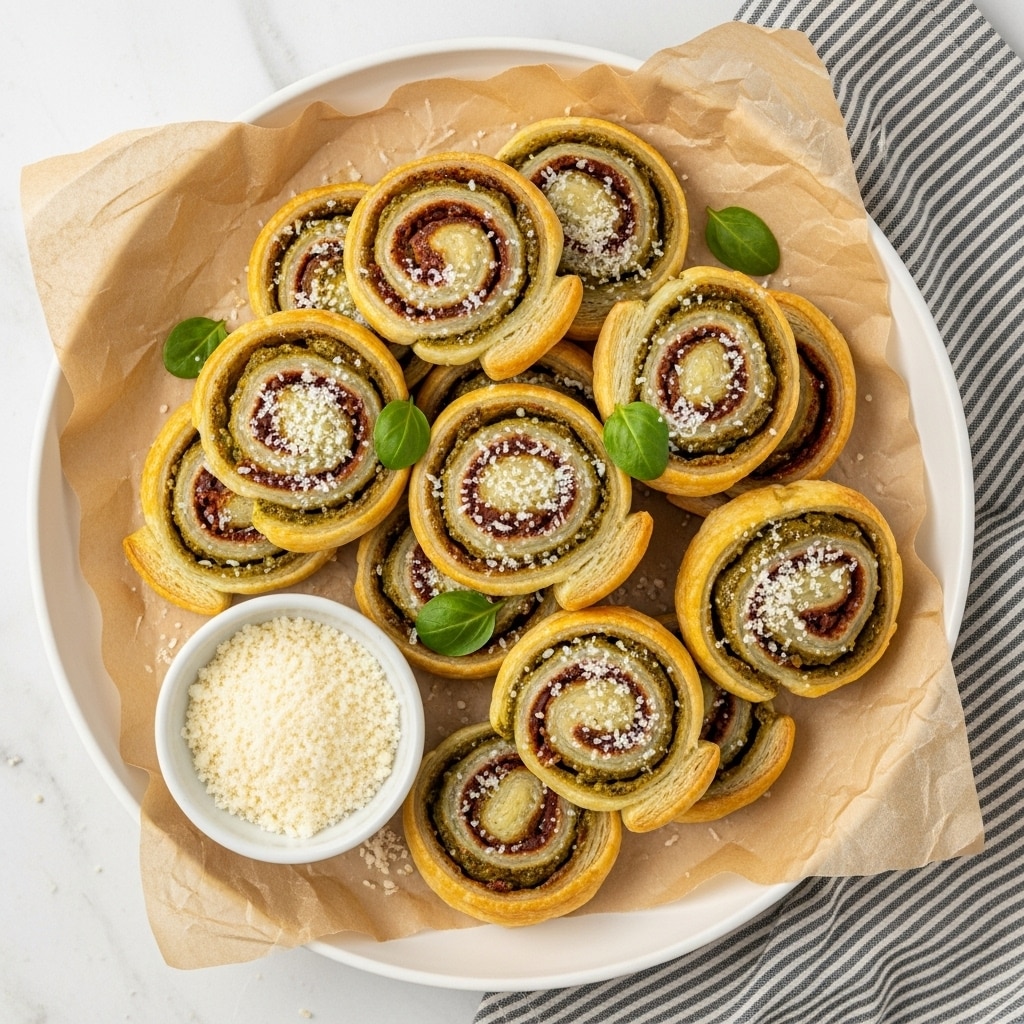 A round white plate lined with crumpled light brown parchment paper holds a pile of golden brown puff pastry pinwheel snacks, each made of multiple flaky layers with a spiral of green, white, and reddish-brown colors inside. The top of each pinwheel is sprinkled with fine white grated cheese, and a few small green leaves are scattered among them. On the lower left of the plate, a small white bowl contains extra grated white cheese. The plate rests on a white marbled surface next to a striped cloth. photo taken with an iphone --ar 4:5 --v 7