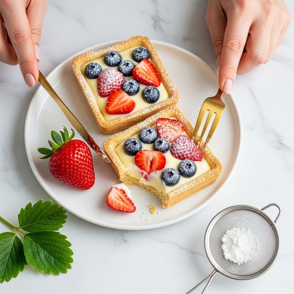 Two small square tartlets sit on a white plate over a white marbled surface. Each tartlet has a golden-brown crust that rises slightly around the edges. Inside, the creamy pale yellow filling is topped with halved strawberries and whole blueberries, all dusted with powdered sugar. One tartlet has a bite taken out of it, showing a soft, smooth inside, with a woman's hand holding a gold fork and knife near it. Next to the plate, there's a fresh strawberry with green leaves. A small metal sieve with powdered sugar is placed nearby on the white marbled surface. Photo taken with an iphone --ar 4:5 --v 7