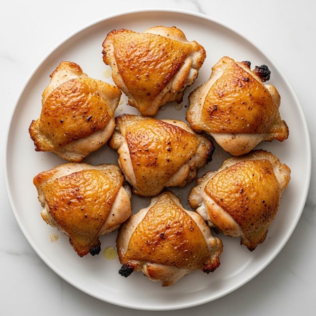 A white round plate holds a pile of six pieces of cooked chicken thighs with a light brown, slightly crispy skin. The chicken pieces vary in size and are stacked loosely, showing a lightly charred edge on some parts. There is a subtle shine from oil or juices on the surface of the chicken, with a background of a white marbled texture. Photo taken with an iphone --ar 4:5 --v 7