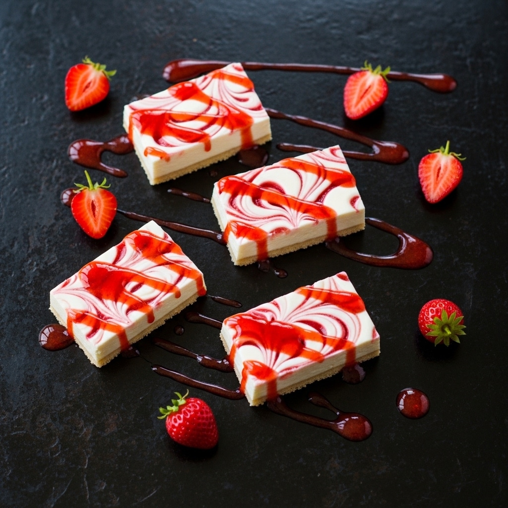 The image shows four rectangular pieces of white creamy dessert with red swirls, drizzled with bright red strawberry sauce on top. The dessert pieces are arranged on a dark, textured surface with several whole and halved small red strawberries scattered around them. The sauce is spread in irregular lines and drops across the surface, creating a lively, fresh look. photo taken with an iphone --ar 4:5 --v 7
