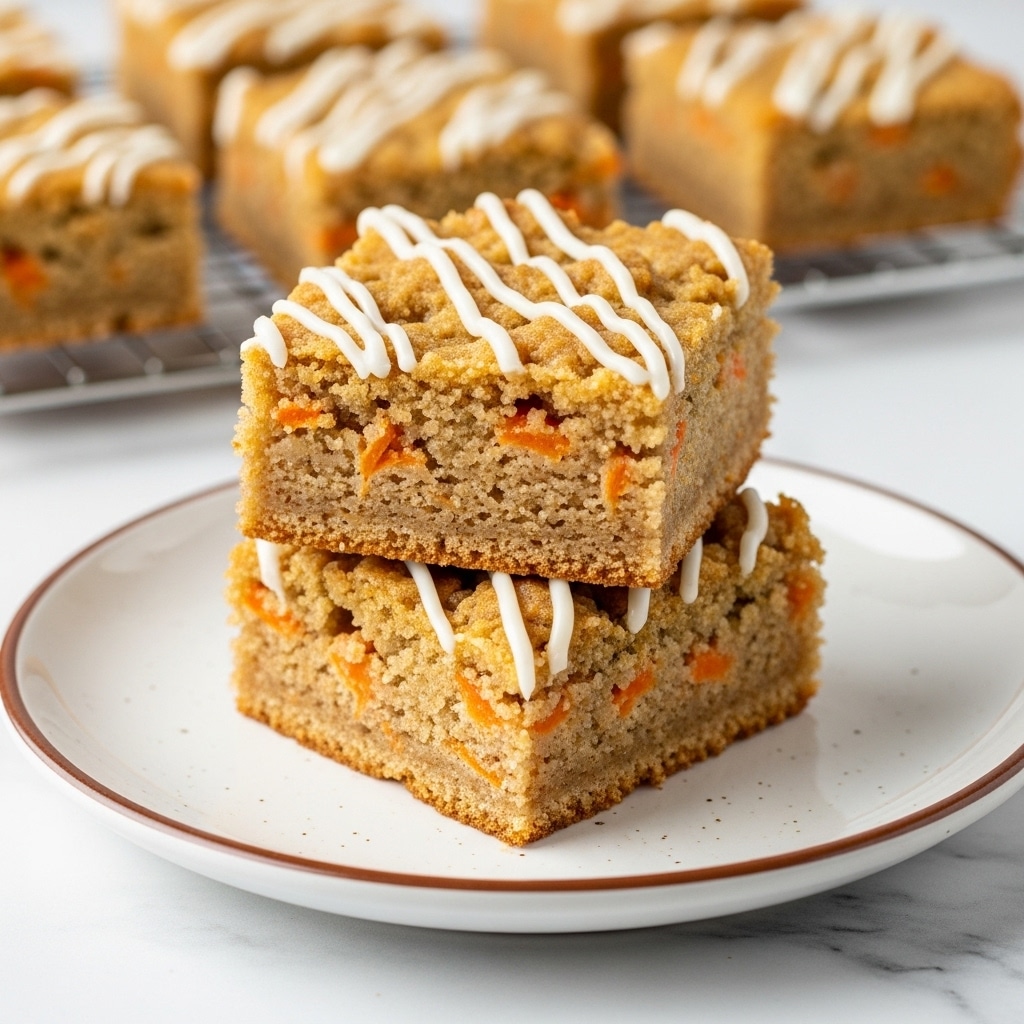 Two square pieces of carrot cake bars are stacked on a white plate with a thin brown rim, placed on a white marbled surface. Each bar has two main layers: a bottom light brown cake layer with visible orange carrot bits, and a top crunchier golden brown layer with small, crunchy pieces. White icing is drizzled on top in three thick lines, contrasting with the textured top layer. In the blurred background, more bars are seen on a cooling rack. photo taken with an iphone --ar 4:5 --v 7