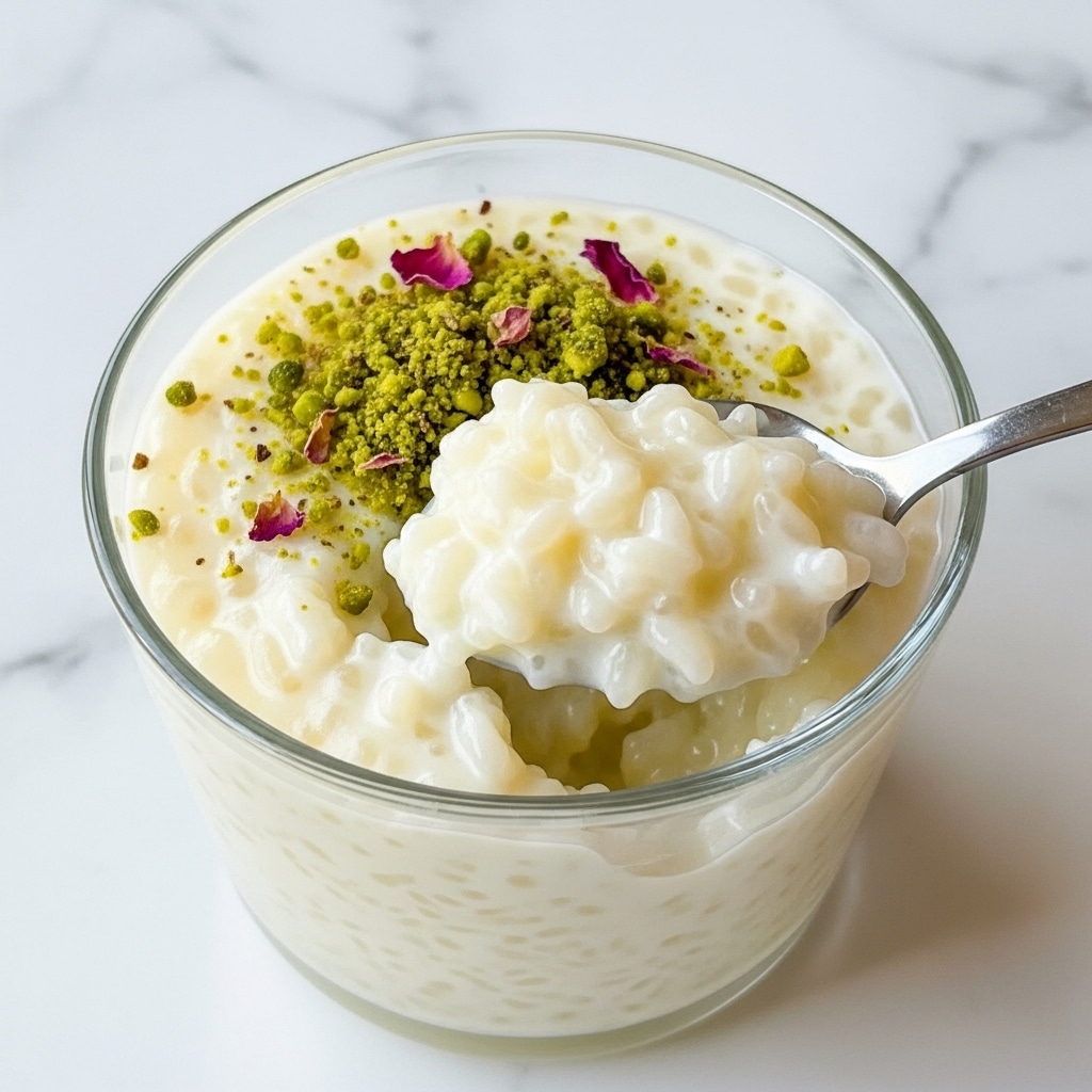 A clear glass cup filled with creamy white rice pudding that has a thick, smooth texture and visible rice grains throughout. On top, there is a small pile of finely chopped green pistachios with a few hints of pink rose petals scattered around. A silver spoon scoops a portion of the pudding, showing its soft and slightly sticky texture. The cup is placed on a surface with a white marbled texture. photo taken with an iphone --ar 4:5 --v 7