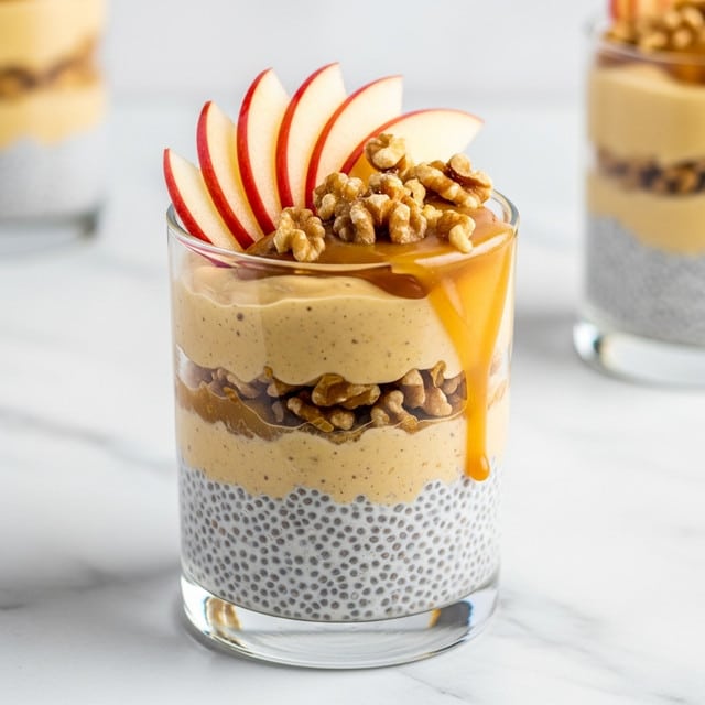 The image shows a clear glass filled with three distinct layers of a creamy dessert placed on a white marbled texture. The bottom layer is a speckled white chia pudding, light and textured with tiny black chia seeds. On top of it is a smooth, thick, golden caramel-like layer that partly drips down along the inside of the glass. The top layer is decorated with thin slices of red apple arranged in a slightly curled shape and sprinkled with chopped brown walnuts, adding a crunchy texture. Another similar glass dessert is softly blurred in the background. Photo taken with an iphone --ar 4:5 --v 7