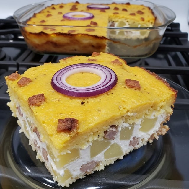 A thick square piece of baked casserole sits on a clear plate with a golden-yellow top layer that looks soft and slightly browned on the edges. There is a thin, circular purple onion slice placed flat in the center of the top. Below the top is a creamy white layer containing visible chunks of cooked potatoes and small browned bits, adding texture. In the background, the full casserole sits in a clear glass baking dish on a stove with a dark surface. The whole scene has a warm, home-cooked feel. Photo taken with an iphone --ar 4:5 --v 7