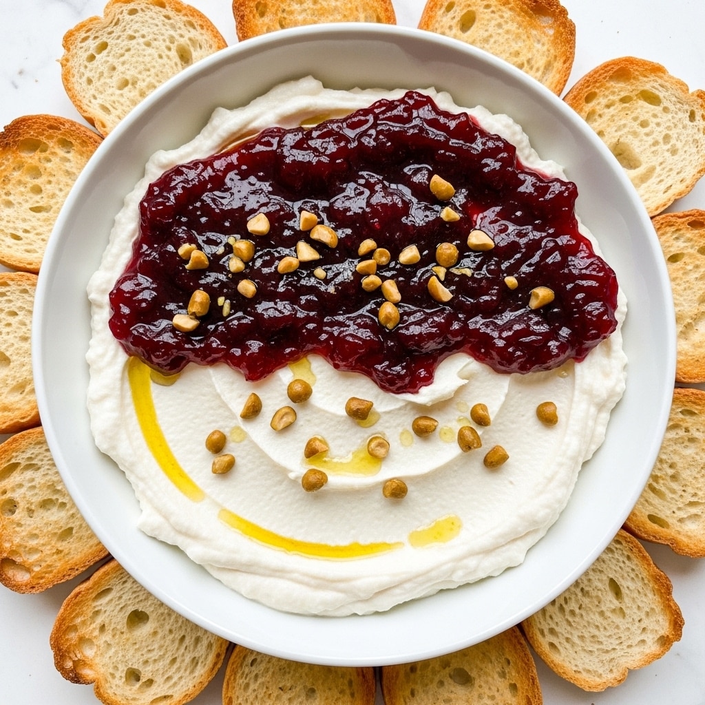 The dish is served in a white bowl and has two main layers. The bottom layer is a smooth, creamy white base that looks soft and thick. On top, there is a dark red, glossy fruit spread with visible chunks, giving it a thick, textured look. This layer is sprinkled with small, roughly chopped greenish-brown nuts scattered unevenly across the surface. Around the bowl, pieces of toasted bread slices surround it on a white marbled surface. Photo taken with an iphone --ar 4:5 --v 7