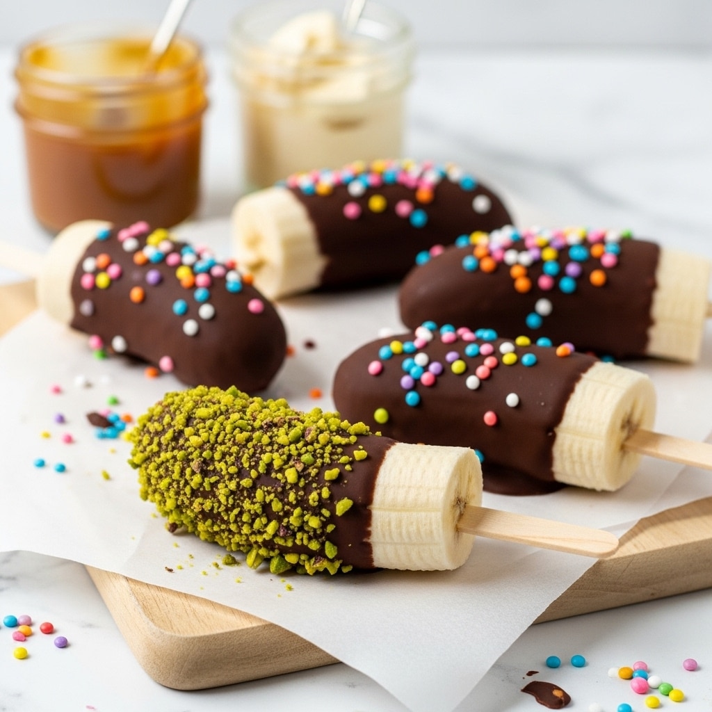 A close-up view of a peeled banana on a wooden stick, half dipped in dark chocolate coating and sprinkled with crushed green pistachio nuts over the chocolate layer, showing the banana's creamy yellow inside at the top. In the background, on a white marbled surface, there are three more similar chocolate-coated banana sticks decorated with colorful round sprinkles, placed on white parchment paper, and a small white bowl filled with smooth brown caramel sauce. A woman's hand with white nail polish holding the chocolate-covered banana stick is visible in the front. photo taken with an iphone --ar 4:5 --v 7