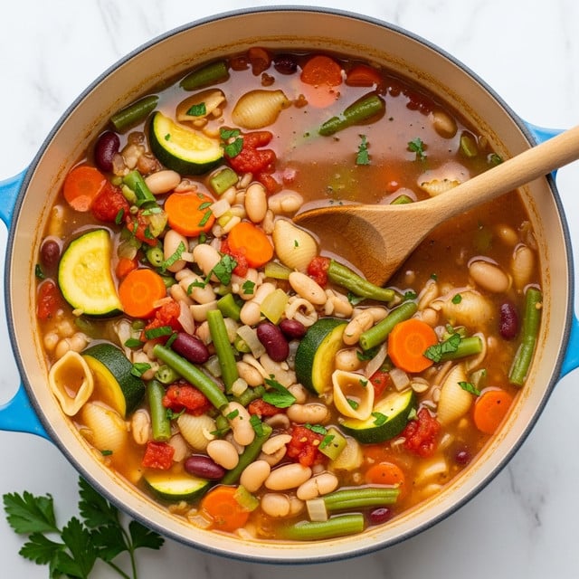 A large blue pot filled with a colorful vegetable soup is shown, with a wooden spoon stirring inside. The soup has a brownish broth base with pieces of green beans, orange carrots, zucchini slices, white beans, red kidney beans, diced tomatoes, chopped onions, and small pasta shells scattered throughout. The soup is garnished with chopped green herbs. The pot is placed on a white marbled surface with a small sprig of parsley nearby. Photo taken with an iphone --ar 4:5 --v 7