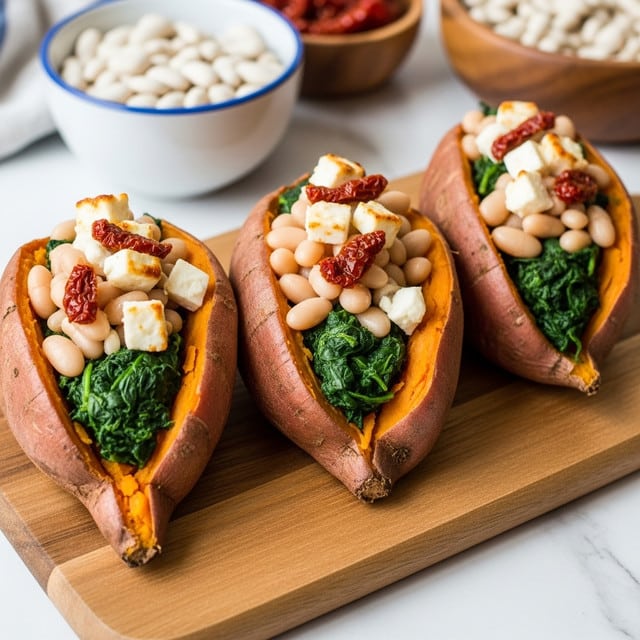 Three baked sweet potatoes are cut open and placed on a wooden board over a white marbled surface. Each sweet potato has three visible layers inside: a soft orange base, topped with cooked dark green spinach, and scattered creamy white beans and small white cheese chunks on top, with bits of sun-dried red tomatoes adding a touch of color. In the background, there is a white bowl with a blue outside filled with more white beans, and part of a wooden bowl with similar contents is visible. Photo taken with an iphone --ar 4:5 --v 7