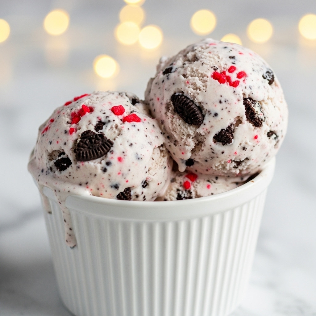 A close-up image showing two scoops of creamy ice cream in a white ribbed cup with a white marbled texture background. The ice cream has a pale pink and white base with dark chocolate cookie bits scattered throughout and small bright red pieces mixed in, creating a speckled look. The ice cream is slightly melting, with some of the creamy mixture dripping over the edge of the cup. The background is softly blurred with warm round yellow lights, giving a cozy and festive feel. photo taken with an iphone --ar 4:5 --v 7