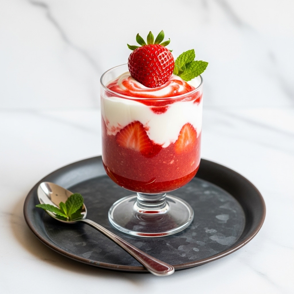 The image shows two clear glass dessert cups on a white marbled surface. Each cup contains three visible layers: the bottom layer is a bright red mashed strawberry mix with a slightly chunky texture, the middle layer is a smooth creamy white yogurt or cream with soft pink swirls from the strawberry blend, and the top layer is a mix of both red and white cream swirled together. The dessert is garnished with fresh strawberry halves and small green mint leaves on top. There are loose mint leaves and whole strawberries placed around the cups on the surface. The focus is on the front cup with a clear view of the layers and garnish, while the other cup is softly blurred in the background. photo taken with an iphone --ar 4:5 --v 7