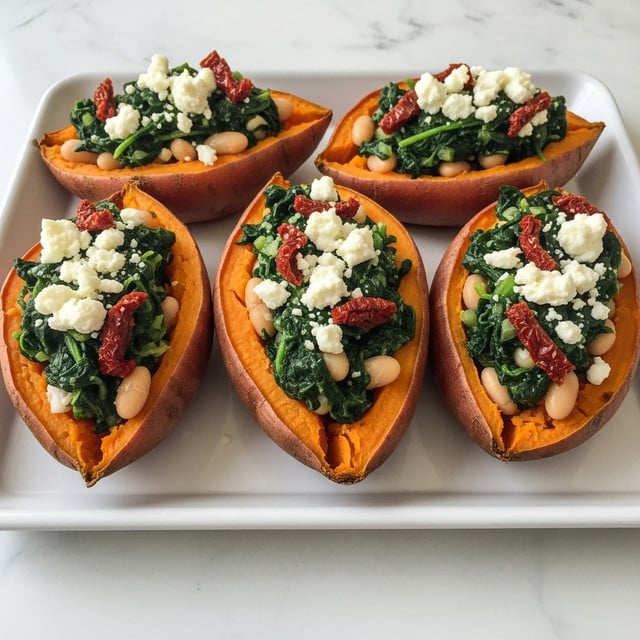 Four roasted sweet potatoes lay side by side on a white rectangular tray, each cut open and filled with a colorful mixture. The base layer inside each sweet potato is its bright orange soft flesh, topped with dark green sautéed spinach mixed with white beans, and scattered pieces of crumbly white cheese. Bits of sun-dried tomatoes add a touch of deep red throughout the filling. The tray rests on a surface with a white marbled texture. photo taken with an iphone --ar 4:5 --v 7