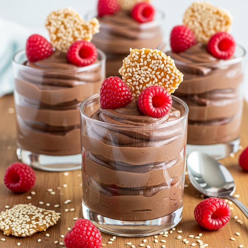 This image shows a few clear glass cups filled with three smooth layers of dark brown chocolate mousse. Each cup has a shiny surface with a soft swirl on top. On the top layer, there are bright red raspberries and light tan sesame seed brittle pieces leaning on the mousse. The cups are placed on a wooden surface with scattered sesame pieces and raspberries around them. A silver spoon sits near one of the cups. photo taken with an iphone --ar 4:5 --v 7