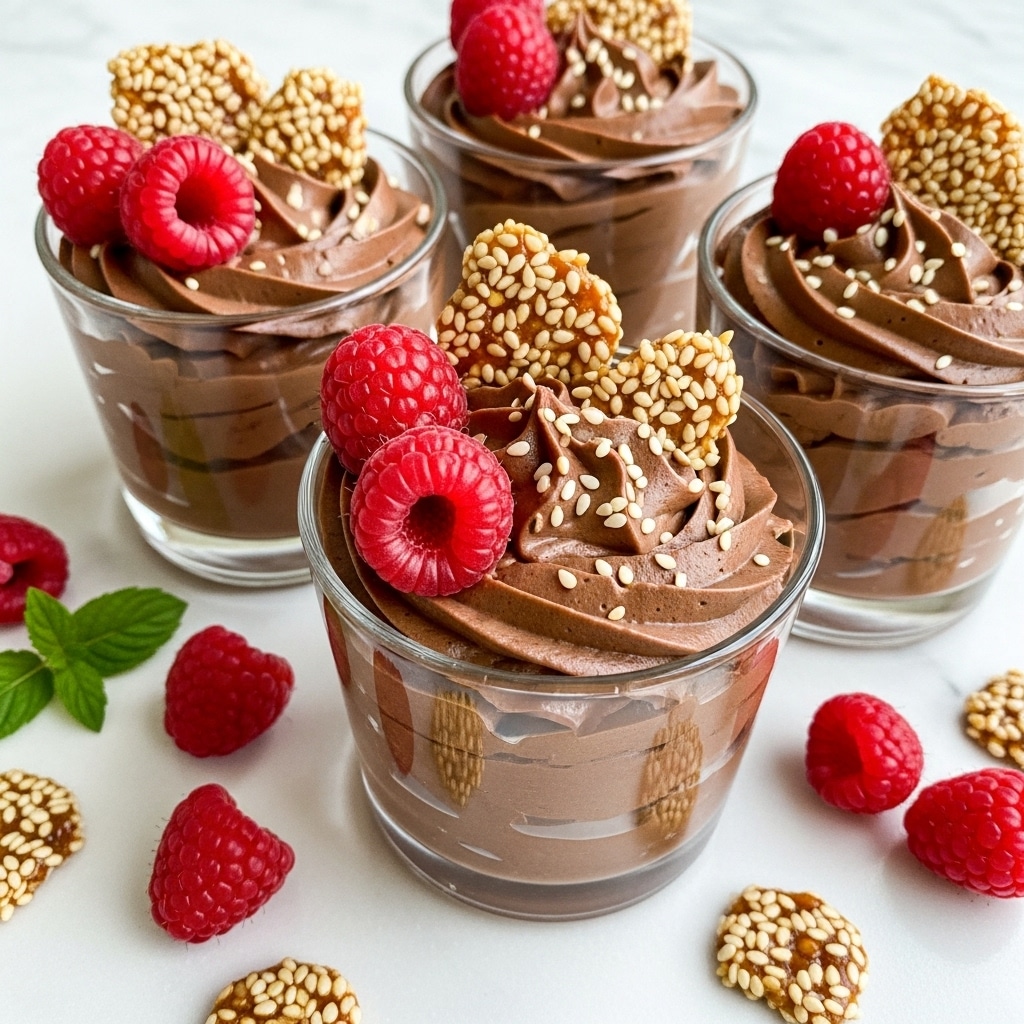 Four glass cups filled with smooth, creamy chocolate mousse are placed close together on a white marbled texture. The mousse is rich dark brown with a soft, swirled top layer. Two cups are topped with bright red raspberries and light tan sesame seed brittle pieces that add texture and contrast. Additional raspberries and sesame brittle pieces are scattered around the cups, along with a small green mint leaf, creating a fresh and inviting look. photo taken with an iphone --ar 4:5 --v 7