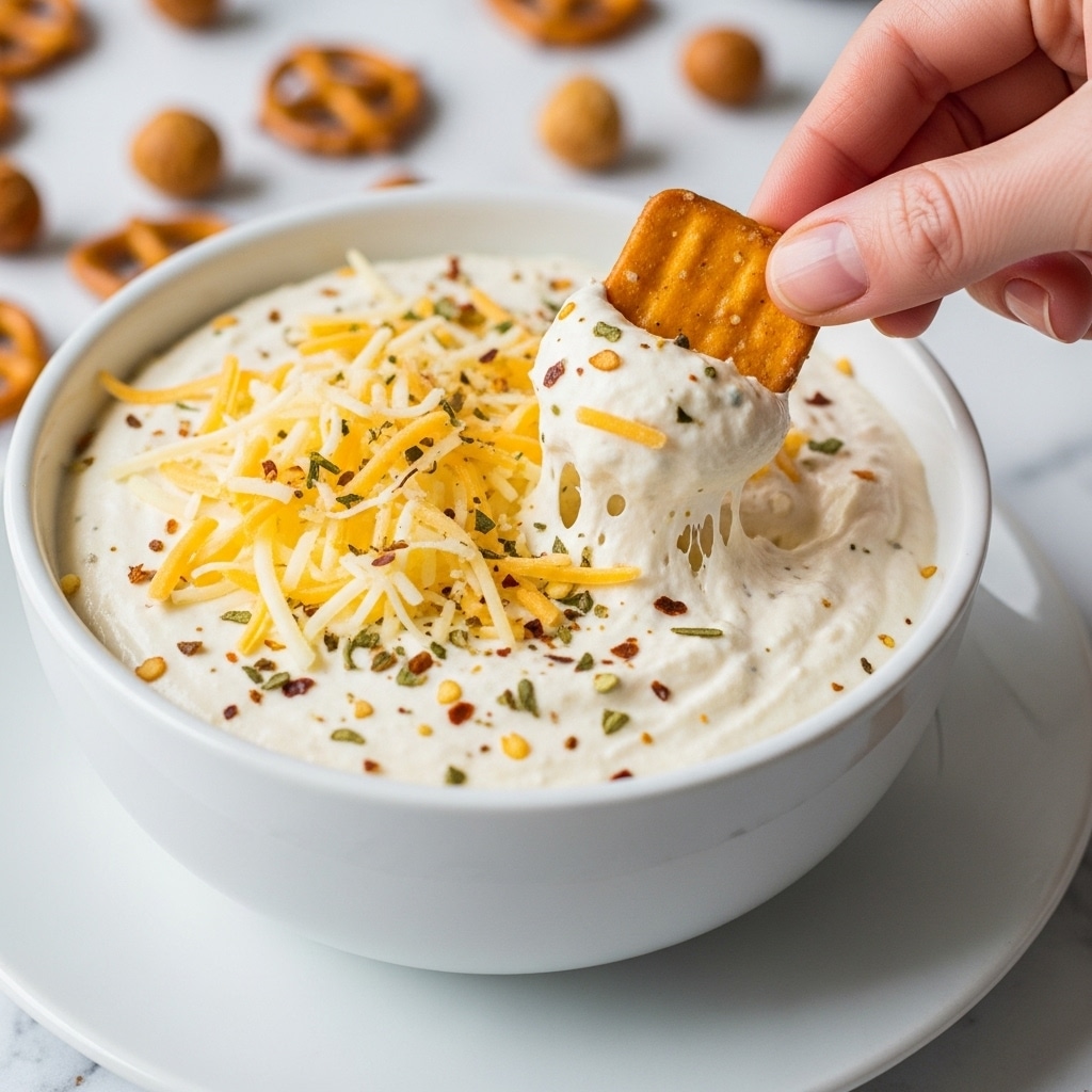 A white bowl sits on a white plate filled with a creamy white cheese dip topped with shredded pale yellow cheese and sprinkled with green and red specks of herbs and spices. A woman's hand is dipping a square orange-brown pretzel chip into the thick dip, showing its smooth and slightly lumpy texture with visible cheese strands. The background has some scattered pretzels and blurred, toasted round nuts on a white marbled surface. photo taken with an iphone --ar 4:5 --v 7