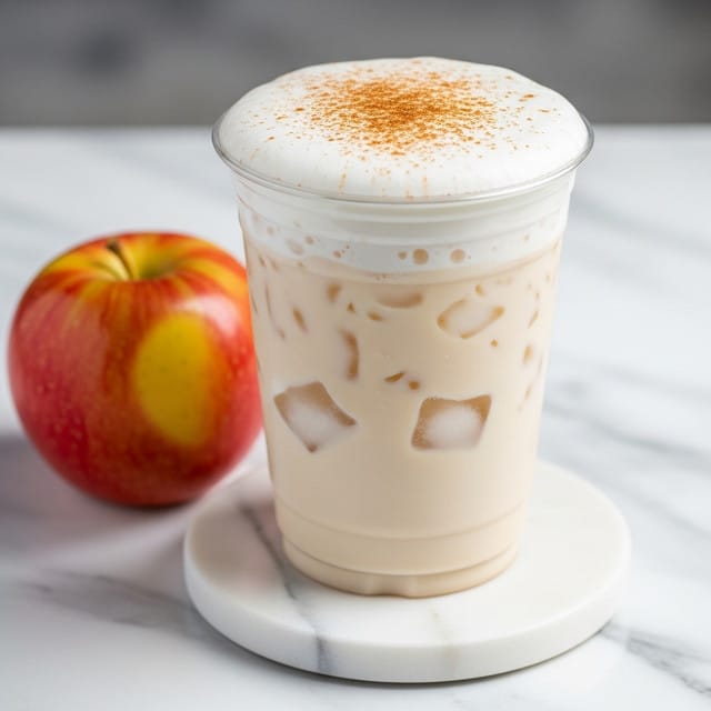 A clear plastic cup filled with a creamy, light beige iced drink with visible ice cubes near the middle layer, topped with a thick, frothy white foam layer sprinkled lightly with cinnamon powder. The cup is placed on a white marble coaster on a white marbled textured surface, and to the left of the cup is a whole red apple with yellow and light red patches. The background is softly blurred with a mix of gray and subtle white tones. Photo taken with an iphone --ar 4:5 --v 7
