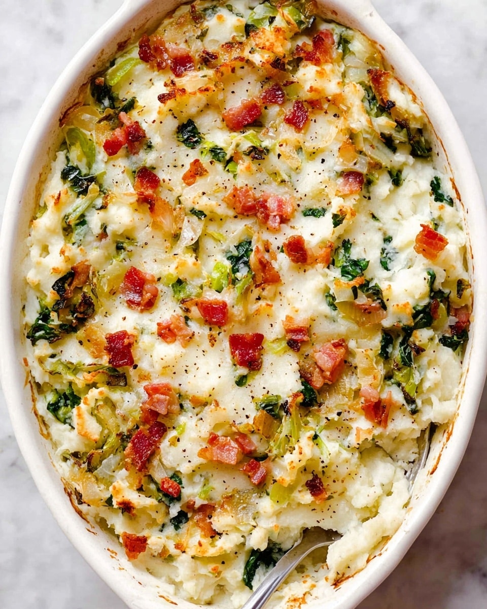 The image shows a white oval dish filled with a baked casserole that has a creamy white mashed potato base. Mixed throughout the potatoes are small green pieces of cooked leafy vegetables and thin slices of caramelized onions. Scattered on top are small reddish-brown cubes of cooked bacon, adding color contrast. The casserole surface has a lightly browned, slightly crispy texture in some areas, with visible black pepper specks for seasoning. A silver spoon is placed on the right side inside the dish, partially submerged in the mashed mix, resting on a white marbled surface. photo taken with an iphone --ar 4:5 --v 7