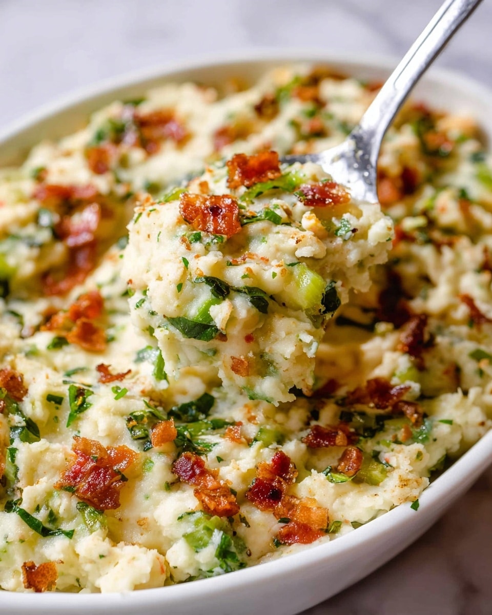 The image shows a close-up of a creamy dish served in a white bowl placed on a white marbled surface. The dish has a soft, mashed texture with several visible layers of colors and ingredients. The base layer is smooth and light cream, mixed with small chunks of cooked vegetables and herbs. Green bits, likely chopped leafy greens or herbs, are scattered throughout. Small pieces of crispy, reddish-brown bacon or similar toppings are spread evenly on top, adding texture and color contrast. A silver spoon is scooping out some of the dish, lifting the soft and thick mixture that highlights the layers and ingredients clearly. Photo taken with an iphone --ar 4:5 --v 7
