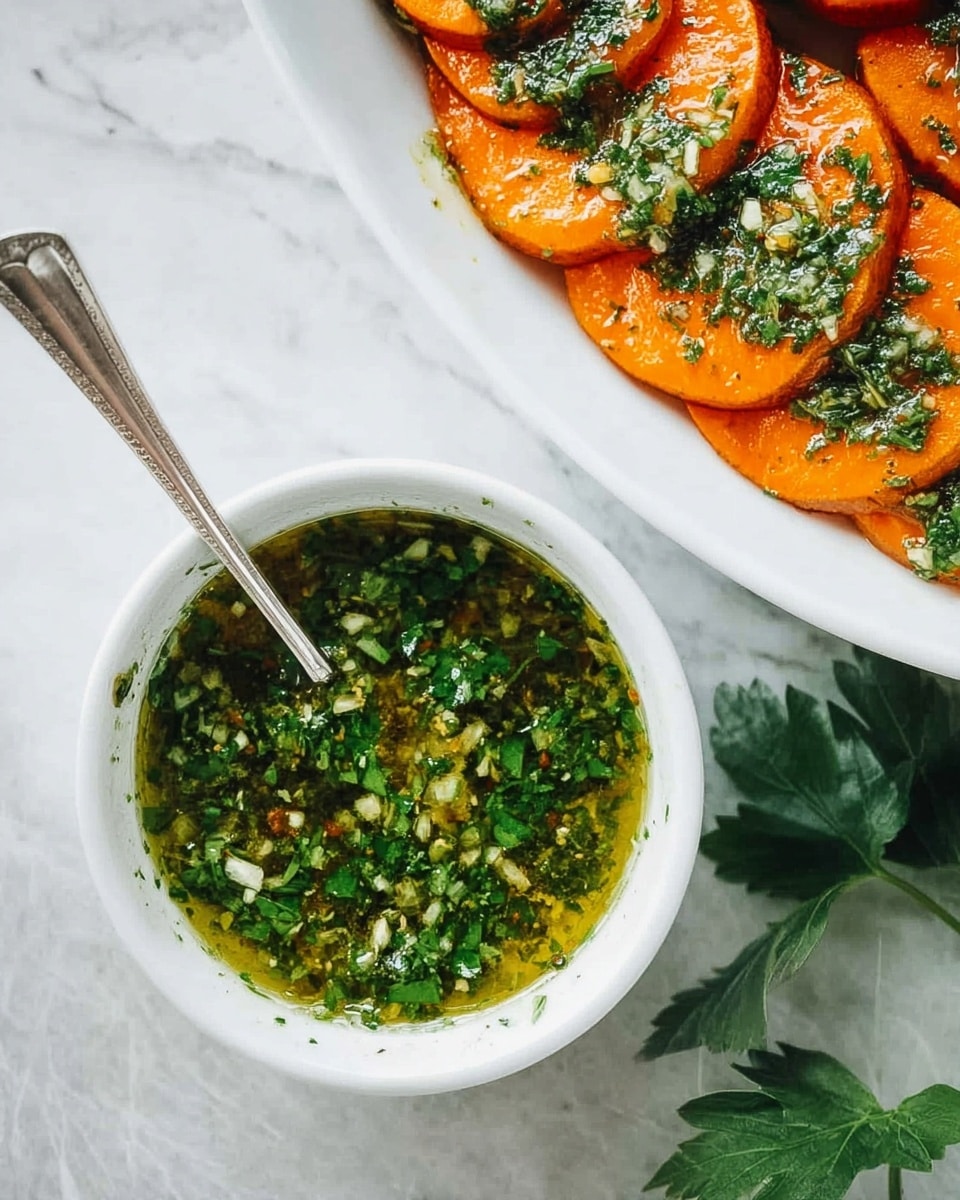 A close-up view of a white bowl filled with a chunky green pesto sauce, showing layers of finely chopped herbs and garlic mixed with oily, shiny green sauce. A silver spoon is inside the bowl, partially covered with the pesto, creating texture and glistening highlights on the sauce. The bowl is placed on a white marbled surface, giving a clean, fresh look. photo taken with an iphone --ar 4:5 --v 7